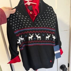 Izod kids Black and White Reindeer Zip-Up Sweater and red button up